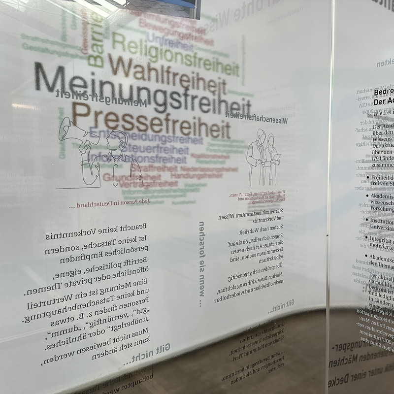 Ausstellungsraum mit durchsichtigen Trennwänden, auf denen sich Begriffe verschiedener Freiheiten überlagern, darunter Religionsfreiheit, Wahlfreiheit, Meinungsfreiheit und Pressefreiheit. Zwischen den Begriffen sind Piktogramme von Personen abgebildet.