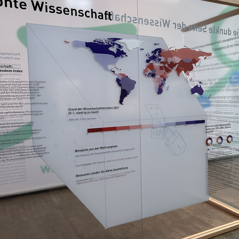 Ausstellungsraum mit durchsichtigen beschrifteten Trennwänden. Auf einer Trennwand ist eine farblich abgestufte Weltkarte mit der Überschrift "Stand der Wissenschaftsfreiheit 2021" abgebildet.